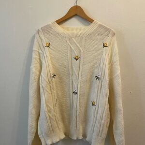 Cream Floral Embroidered Cable Knit Sweater - Women